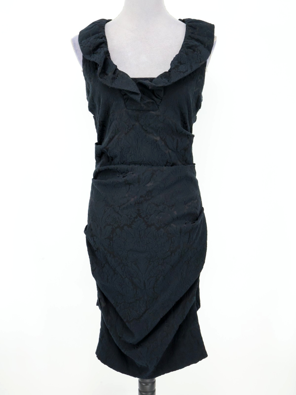 Sara Campbell Dress Womens 6 Black Floral Brocade Ruched Bodycon Ruffle Collar
